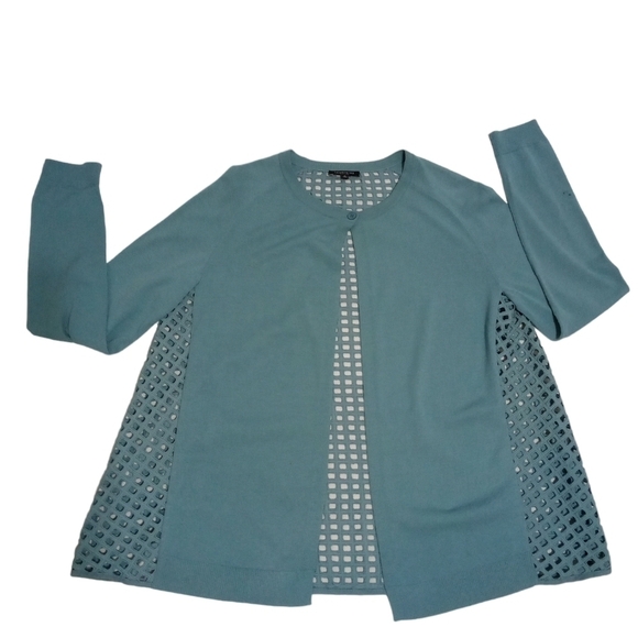 Lafayette 148 Aqua Color One Button Neck Cut Out Back Sweater Medium - Picture 2 of 5